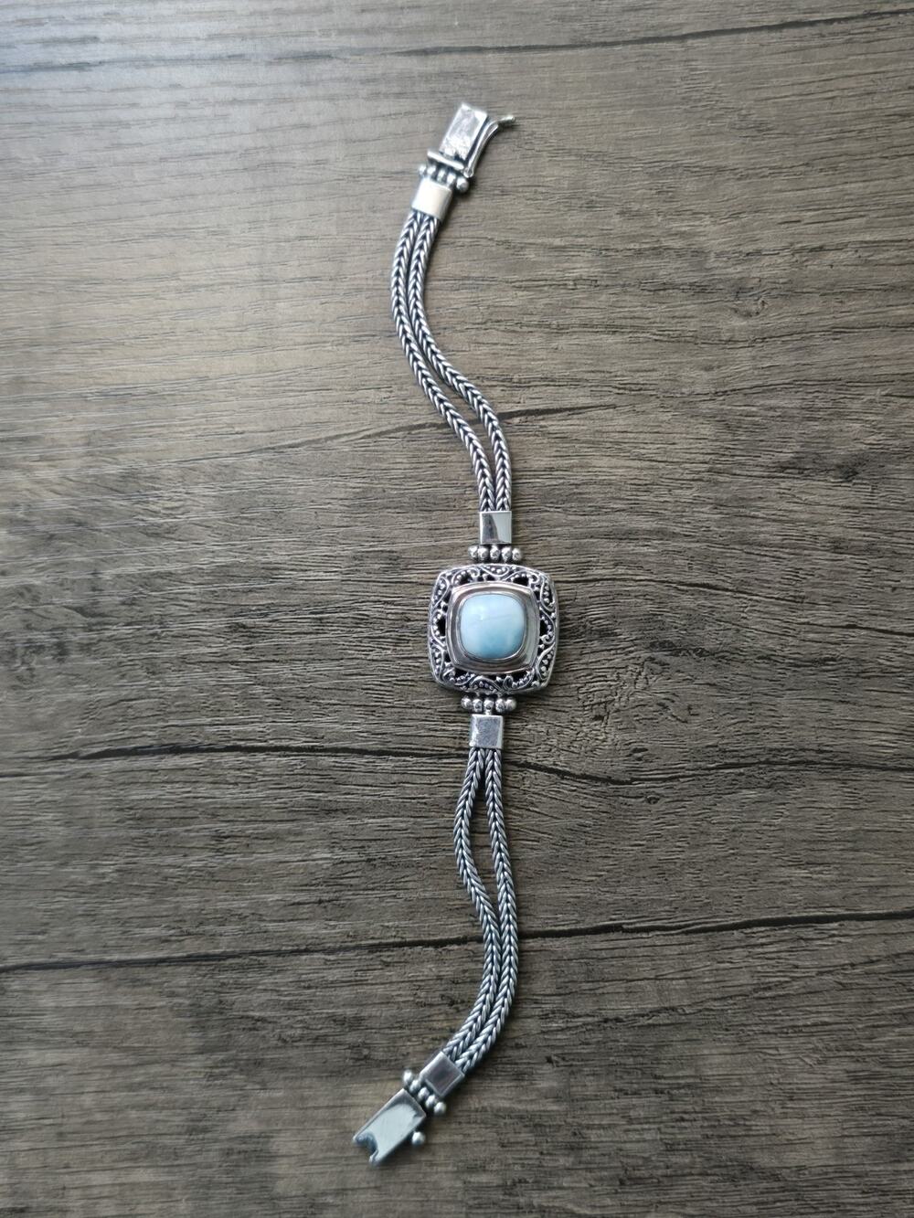 925 Sterling silver Double wheat chain Larimar blue stone Bracelet 6.75"